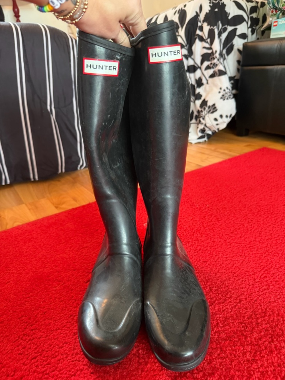 Hunter Black Tall Rain Boots with Red Logo Trim